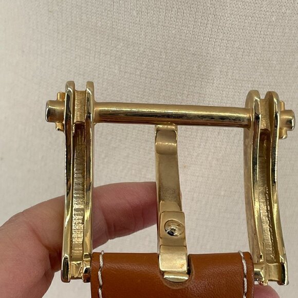 Luggage Tan Waist Belt Bold Gold Tone Buckle Made in Italy Women\'s Size Medium main image 6